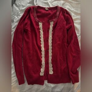 Elegant Red Women's Sweater with Lace Trim